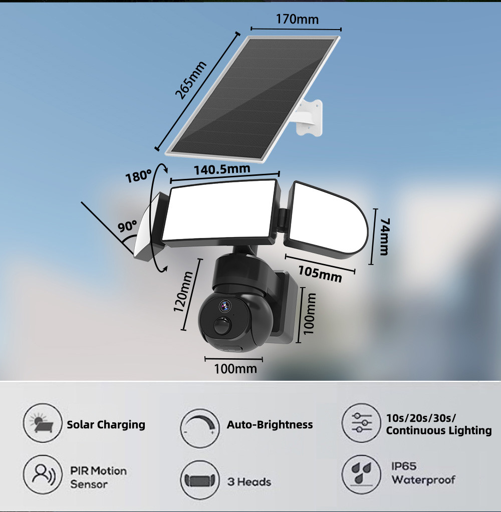 1500LM Floodlight 4G 5G Solar PTZ Camera With Color IR Night Vision