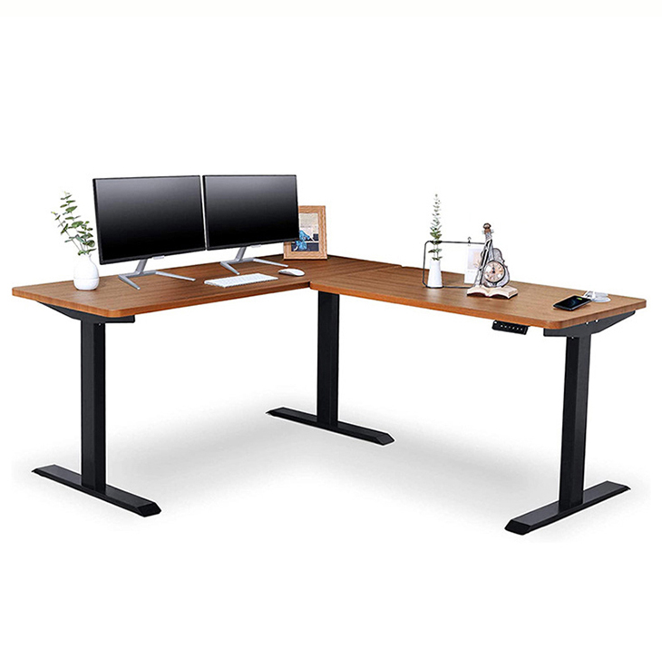 Electric Adjustable Height L Shaped Desk with Triple Motor Design and PANEL Wood Style