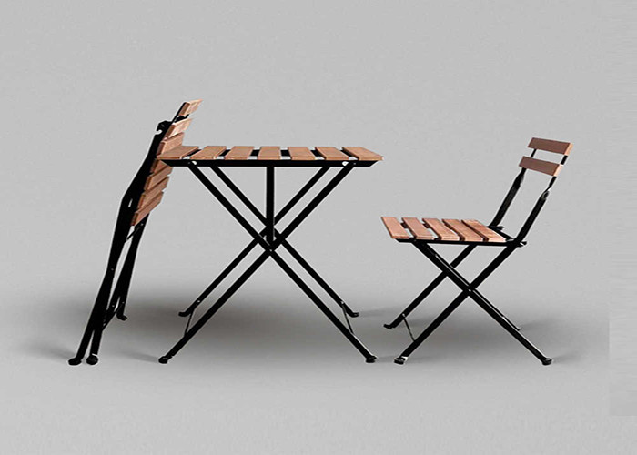 One Table And Two Chairs Set Outdoor Garden Wood Top Metal Frame Folding