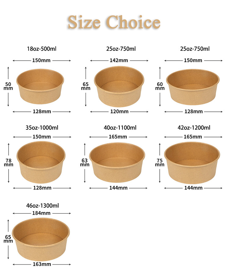 Custom Printed Wholesale Disposable Food Packing Take Away Kraft Paper Salad Noodles Soup Bowls with Lids