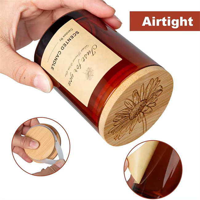 6oz Amber Candle Jars With Bamboo Wooden Lids And Sticky Labels Empty Glass For Making Candles