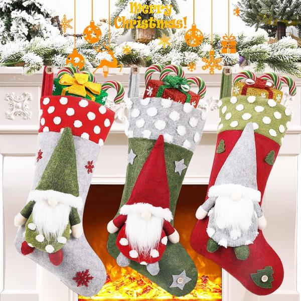 Stocking 3 Pack, 19 Inch 3D Gnomes Santa Christmas Beauty Cleansing Brush Facial