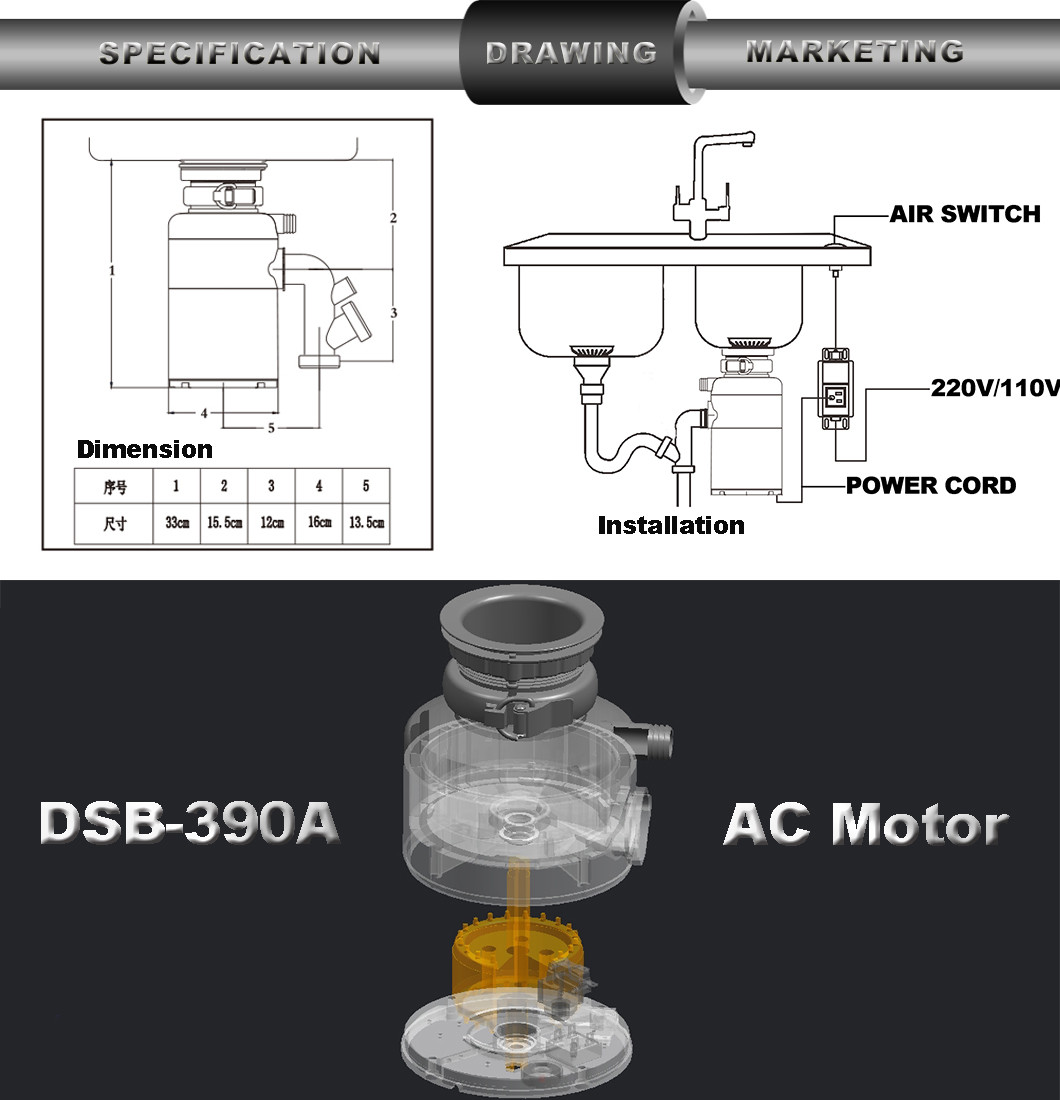 DSB-390A 2019 New Kitchen Appliance Food Waste Disposer 3/4 HP