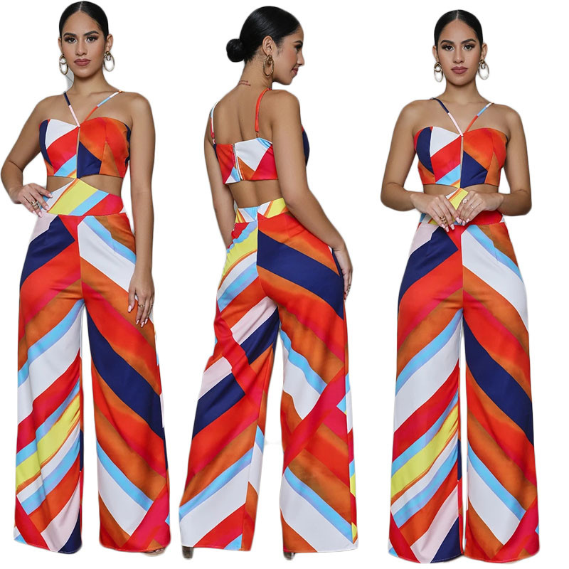 Print Halter Jumpsuit Wide-Leg Pants Casual Off The Shoulder Backless Playsuit
