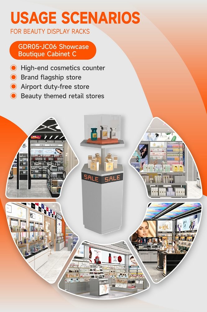 GDR05-JC06 Beauty Display Rack with 40mm Iron Round Tube and 5mm Transparent Glass Cover for Mall Promotion Area