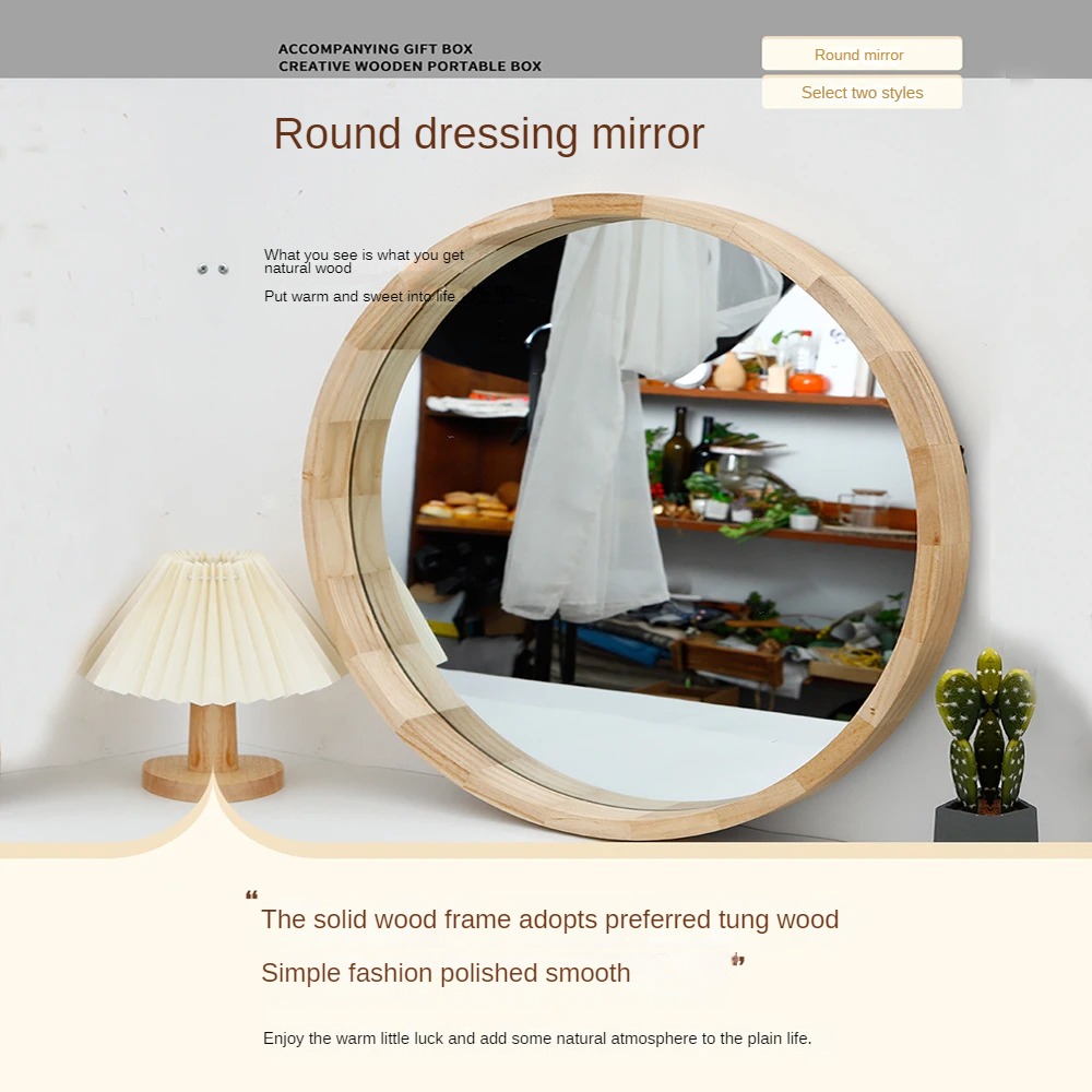Wood Frame Glass Mirror Rustic Arch Bathroom Round Sticker With Modern Stylish Style
