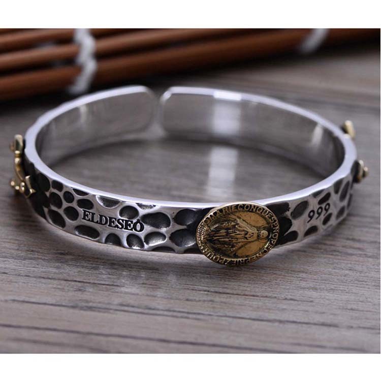 925 Silver Golden Two Tone Women Open Cuff Bracelet Cross Madonna Style (057402)