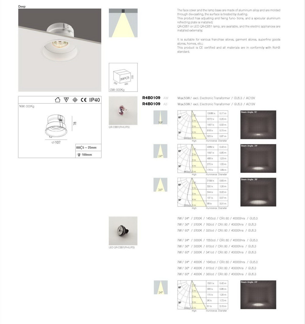 Halogen GU10 GU5.3 Lamp Holder Recessed LED Downlight Anti - Glare Deep Lamp
