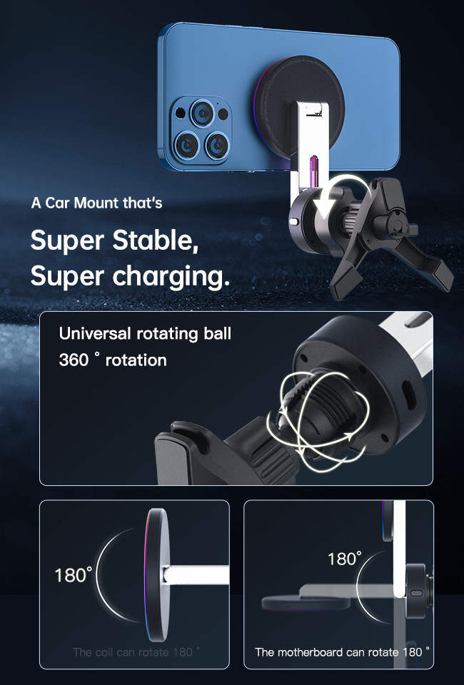 Multi Angle Adjustable Magnetic Car Phone Charger With Ambient Light