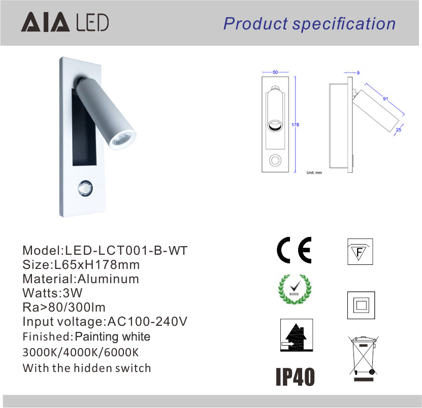 Contemporary embedded mounted Gold Brushed led wall lamps 3W led wall light led reading bedside wall light