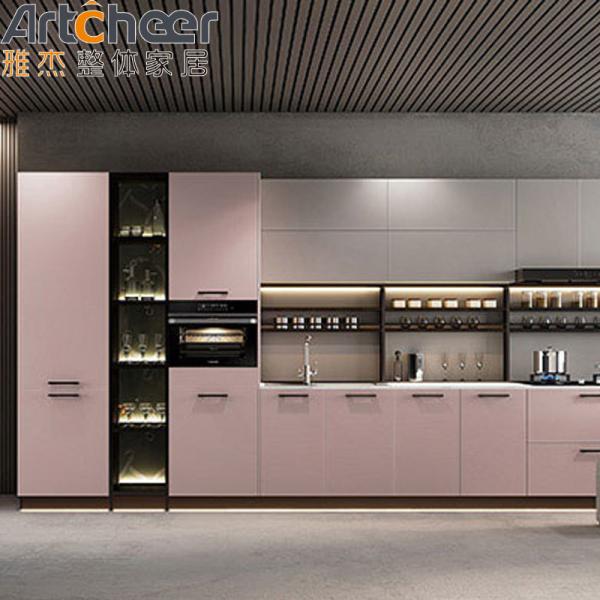 Handless Door Soft Close L Shape Kitchen Cabinet With Solid Surface Countertop