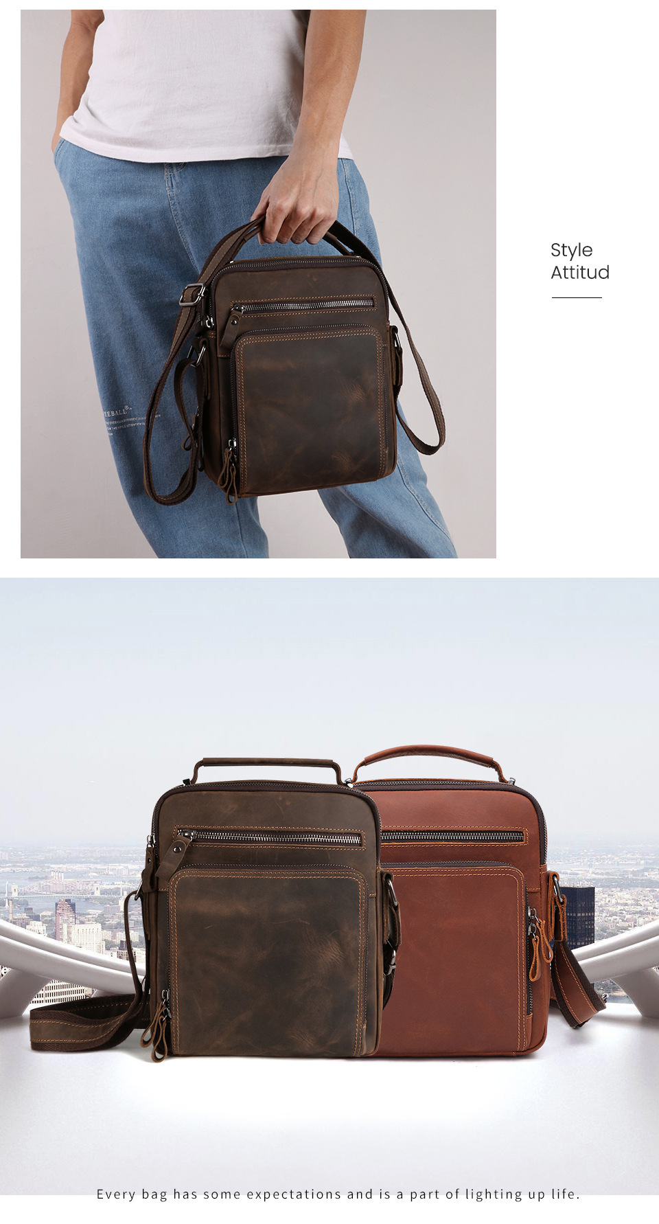 9.7 Inch Genuine Leather Men's Shoulder Messenger Bag with Multiple Pockets and No Decoration