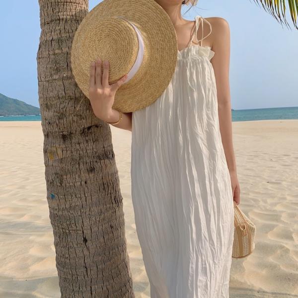 Cotton Square Collar Women's Beachwear Dresses , Backless White Loose Beach