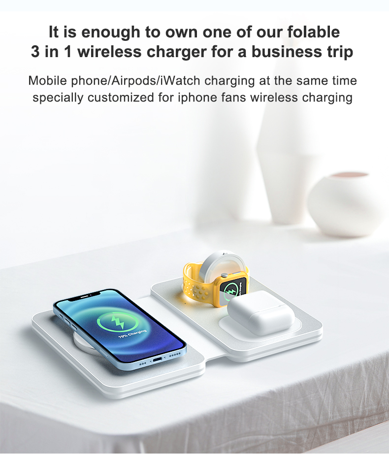 Foldable 15W Wireless Charger for iWatch , Magnetic Portable 3 in 1 Charging Station