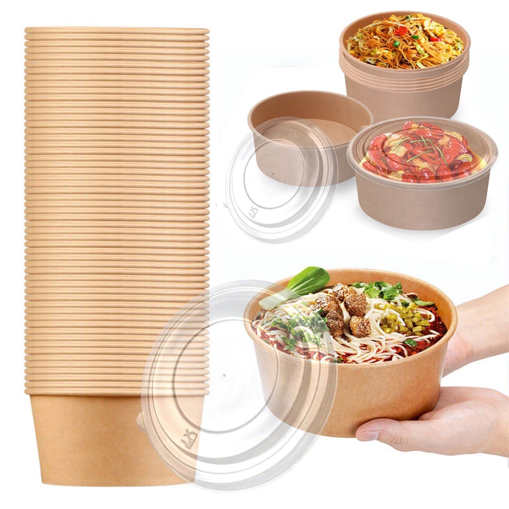 Custom Round 1300ml 1500ml Food Packaging Kraft Salad Paper Bowl With Lid Waterproof