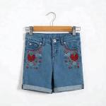 Flower Embroidery Girls Denim Shorts Knee Length With Adjustable Size Waist