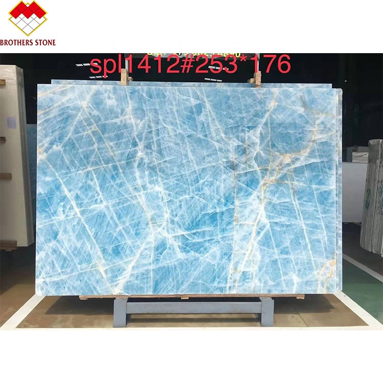 Light Blue Marble Jade Onyx Slab for Customized Cut-to-size Tiles Golden Veins