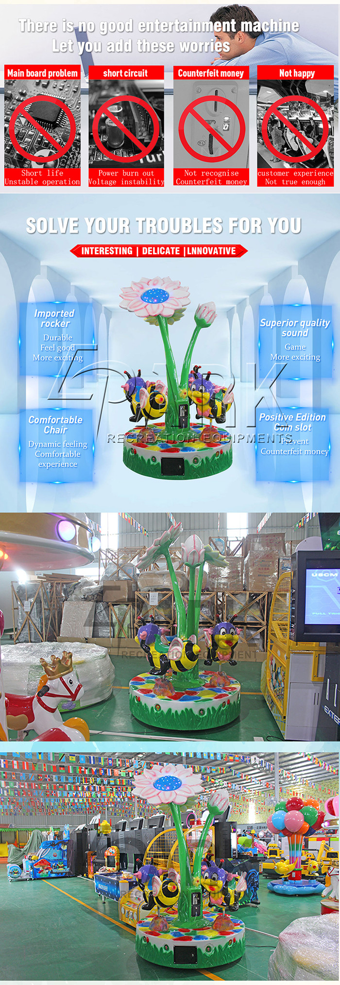 Outdoor Kiddy Ride Machine Bee Paradise 3 Players Coin Operated Amusement Park Carousel