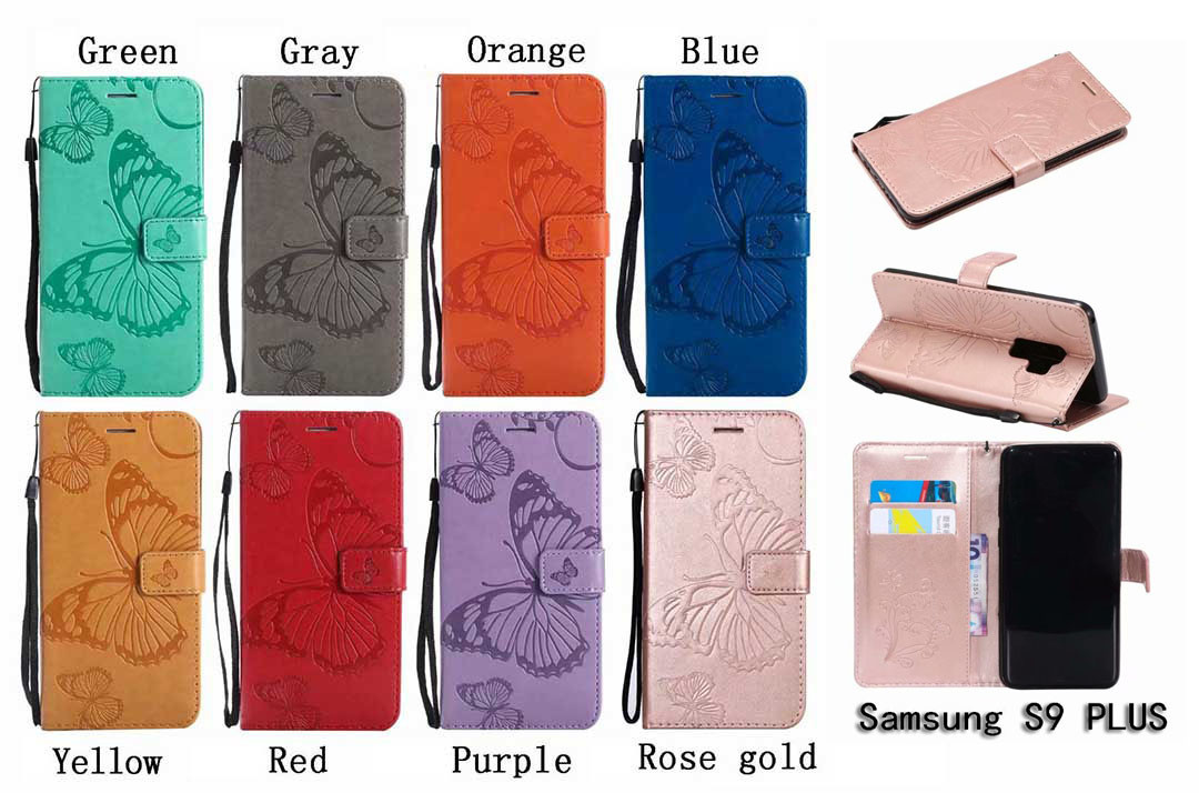 Samsung S9 Plus Embossing 3D Butterfly Leather Bracket Stand Wallet Case with wristlet strap