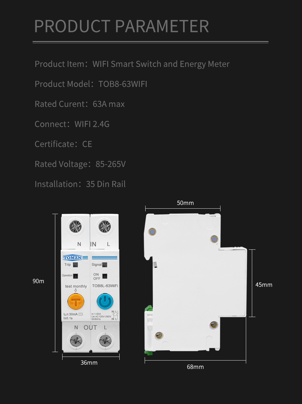 Intelligent WIFI Circuit Breaker with 2Poles 63A
