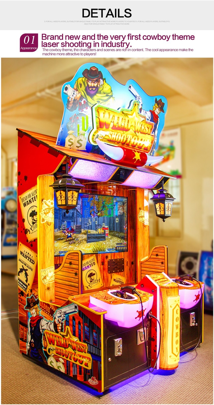 2 players Wild West cowboy shooting machine, gun shooting simulator video game