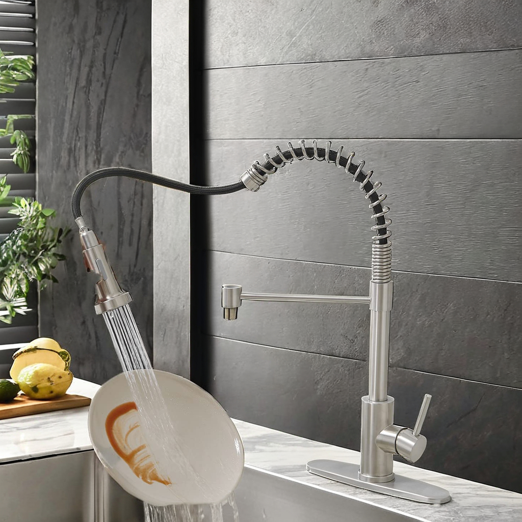 Deck Mounted Single Handle Pull-Down Kitchen Faucet in Brushed Nickel with Hole Cover