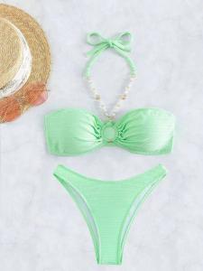 Wholesale Modern Halter Bandeau Bikini Sets For Beach Vacation Removable Padding Striped Ruched Swimwear from china suppliers