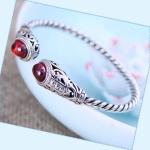 Sterling Silver Cable Bracelet with Garnet Open Adjustable Cuff Bracelet