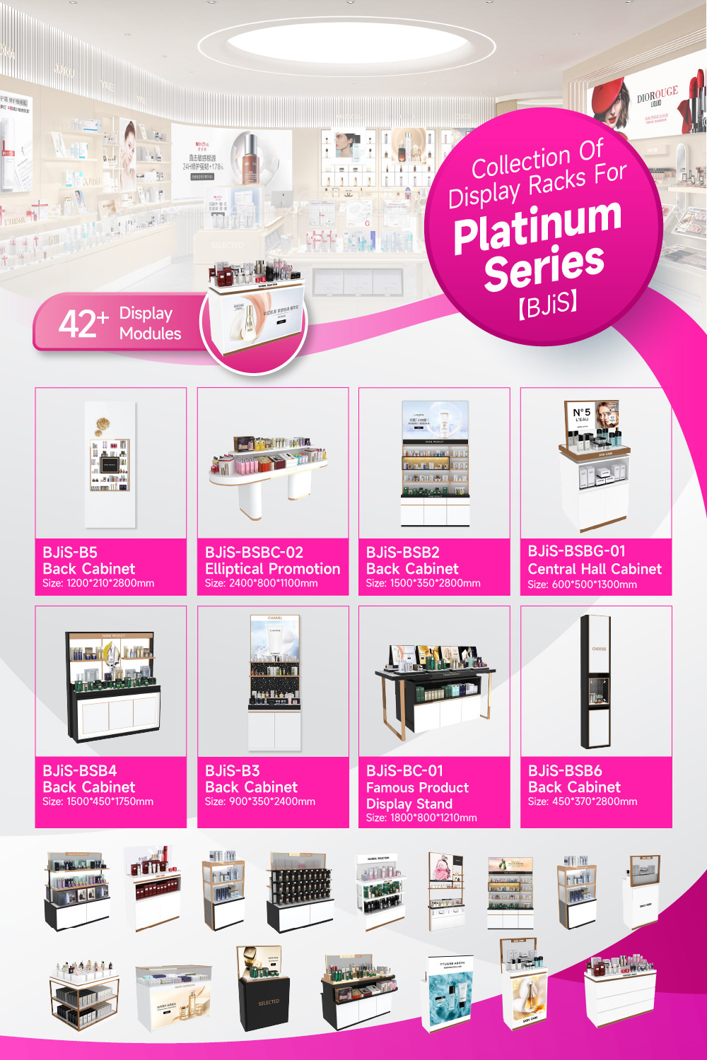 BJiS-B5 Golden Mirror Material Skincare Display Cabinet with LED Strip Lights for High-End Makeup