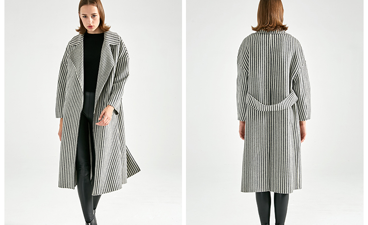 Long Section Stripe Ladies Grey Wool Coat Windproof No Button Closure OEM Service
