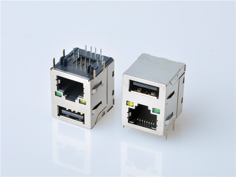 HULYN,RJ45 Modular Jack Connector, Shielded RJ45 + USB2.0 Combo Connector, Through Hole Type, LED