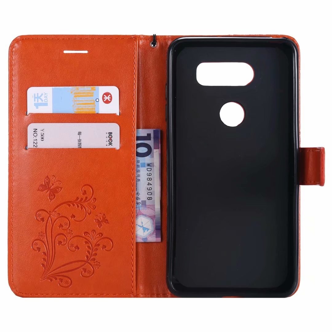 LG V30 Embossing 3D Butterfly Leather Bracket Stand Wallet Case with wristlet strap