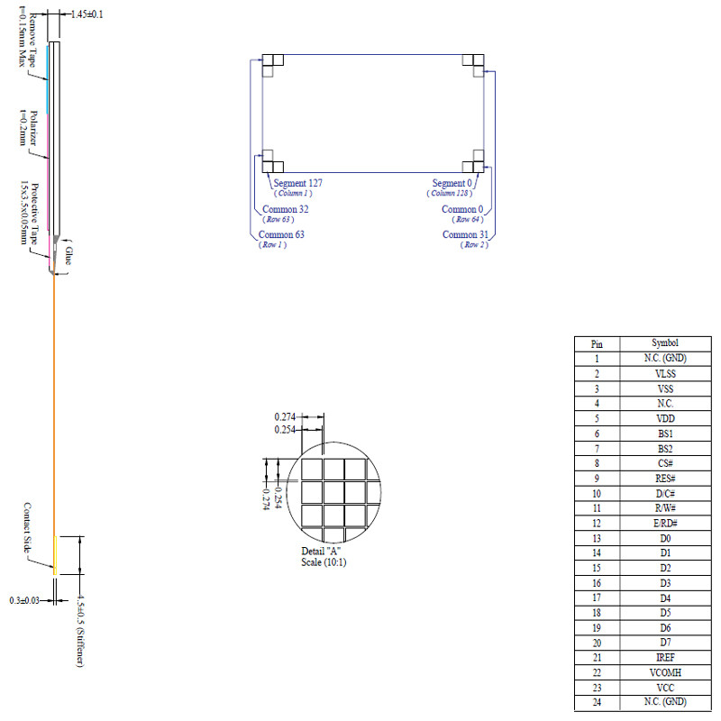 1.54 inch OLED UG-2864KSWMG01 Controller SSD1309 Passive Matrix Monochrome 128 x 64 ZIF FPC Parallel, 4-wire SPI, I2C