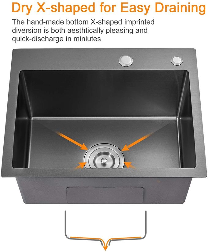 25 Inch PVD Handmade Top Mount Stainless Steel Kitchen Sink With Two Holes