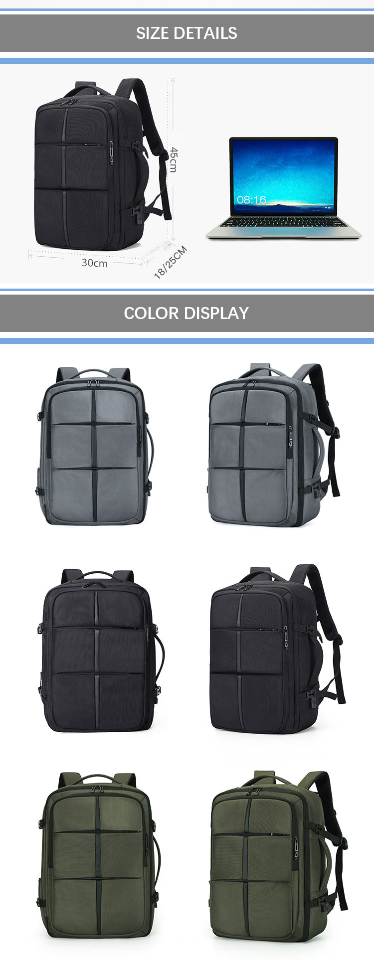 Custom Design Business Mens Laptop Bags USB Charging Backpack Big Capacity