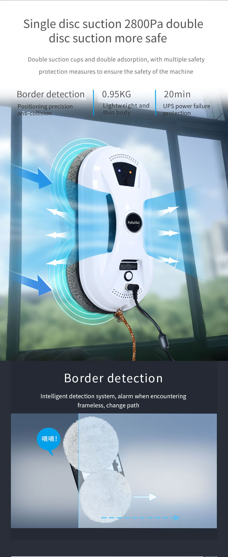 Household Black Cordless Window Cleaning Robot 40 X 40cm Full Auto Smart Glass Wiping Robot