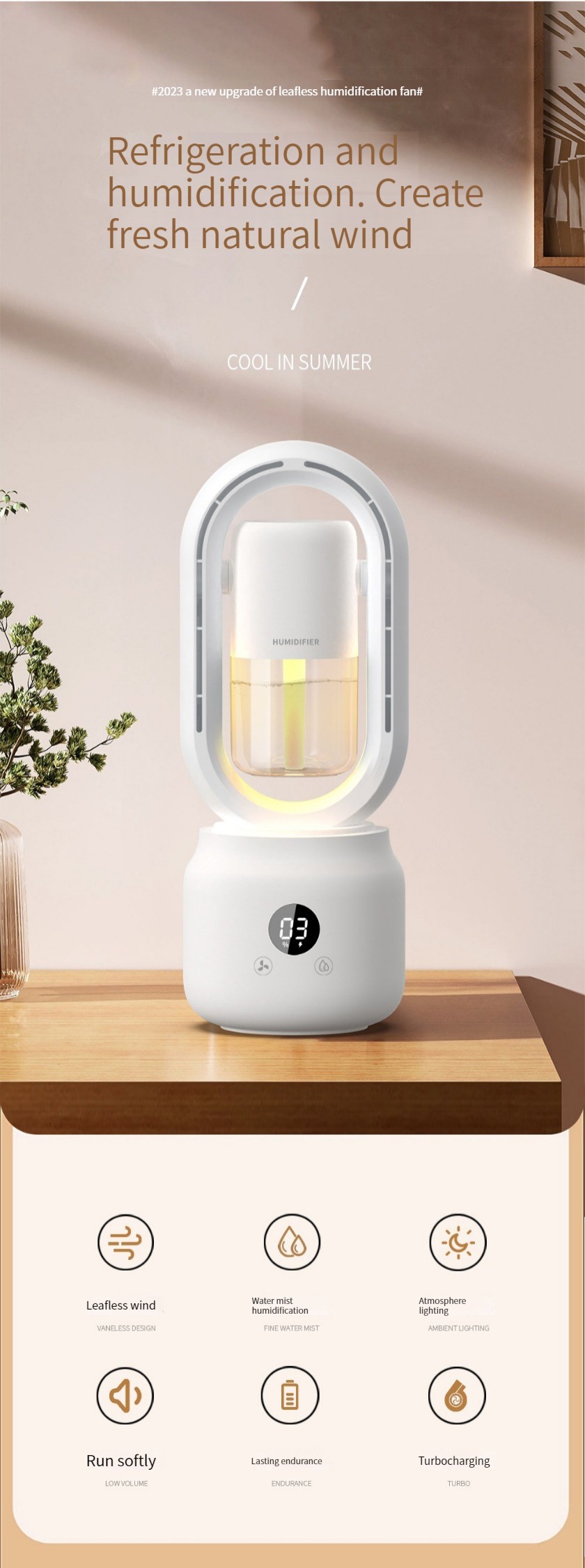 300ml 2 In 1 Air Conditioning Humidifier Vaneless Fan 2000mAh Rechargeable Battery