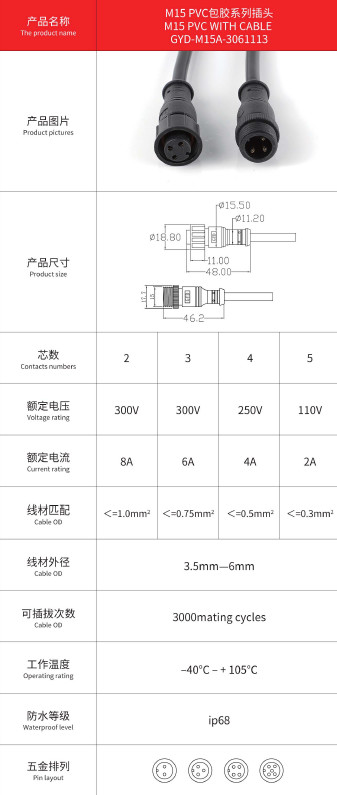 M15 PVC Waterproof Terminal Line Shared Electric Vehicle Power Cord Plug LED Strip Connector