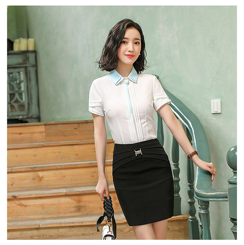 Short Sleeve Ladies Office Dresses / Summer Elegant Waist Tie Round Collar Women Business Dress