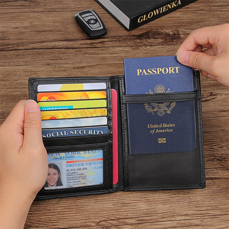 Fashionable Genuine Leather Passport Cover Bifold Wallet with RFID Blocking Cowhide