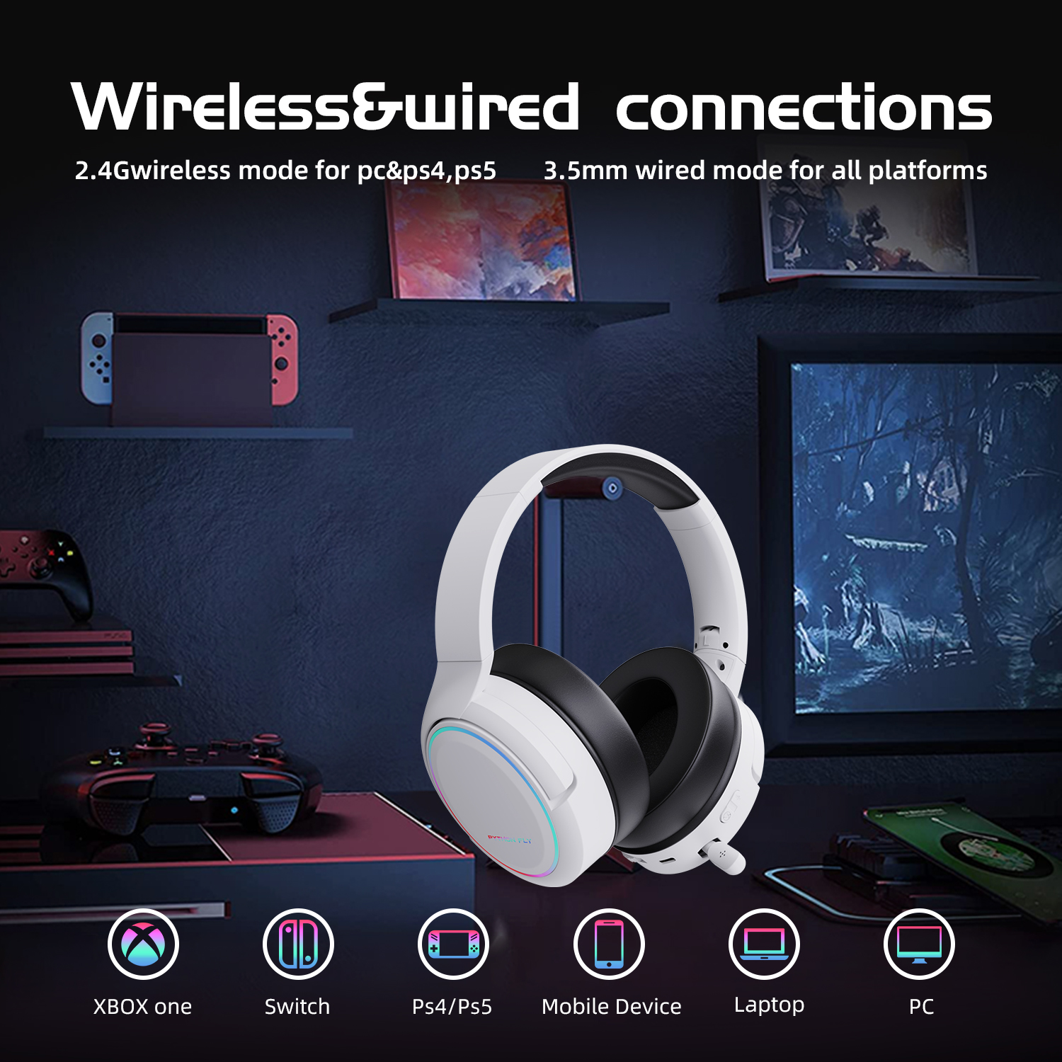 X7Pro Dual Gaming Headset Wireless 35 Hours for Nintendo Switch 2.4GHz Ultra Low Latency