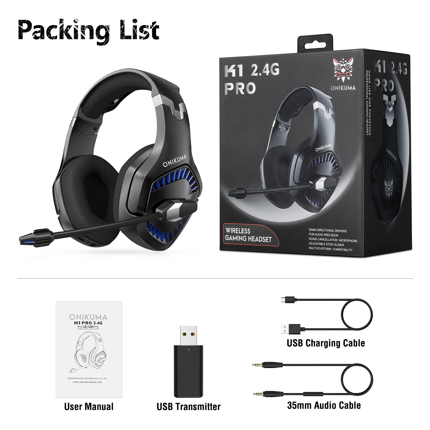 50mm 2.4g 2.2kohm Premium Gaming Headset 7.1 Surround Sound