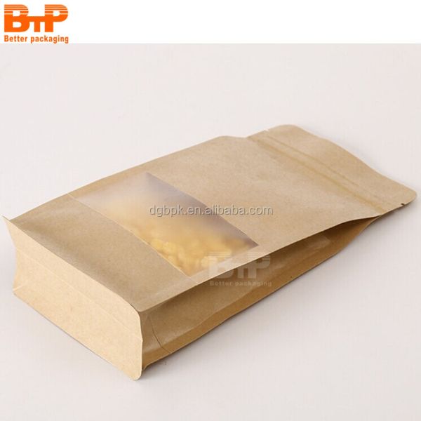 Custom Flat Bottom Stand up Zipper Brown Kraft Paper Resealable Nuts Food Doypack Packaging Pouches Bag With Clear Window