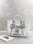 30cm 23P Chanel Deauville Tote Bag White Ecru Black Stripe