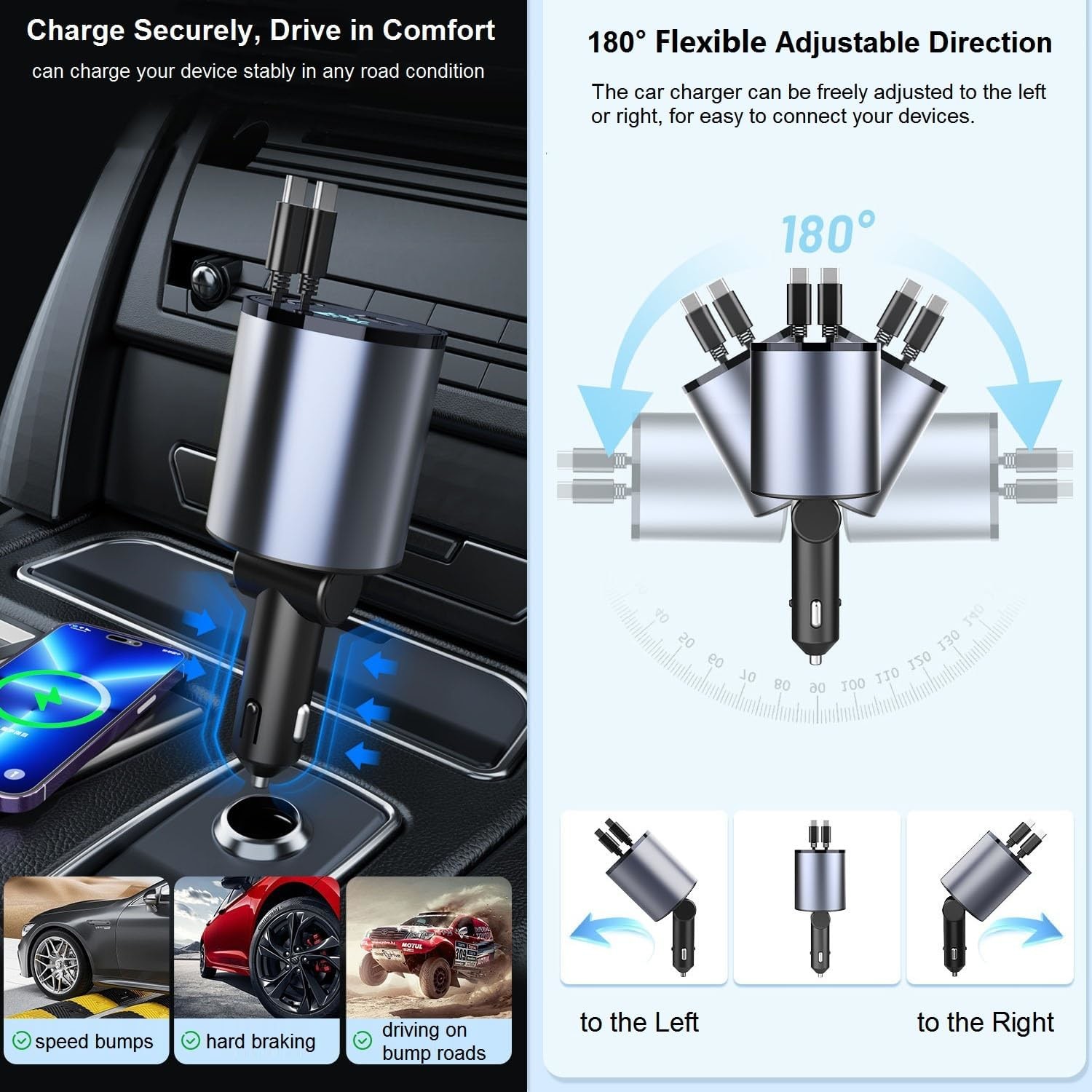 4 In 1 Retractable Fast Car Phone Charger Dual Type-C 120W Cigarette Lighter USB PD