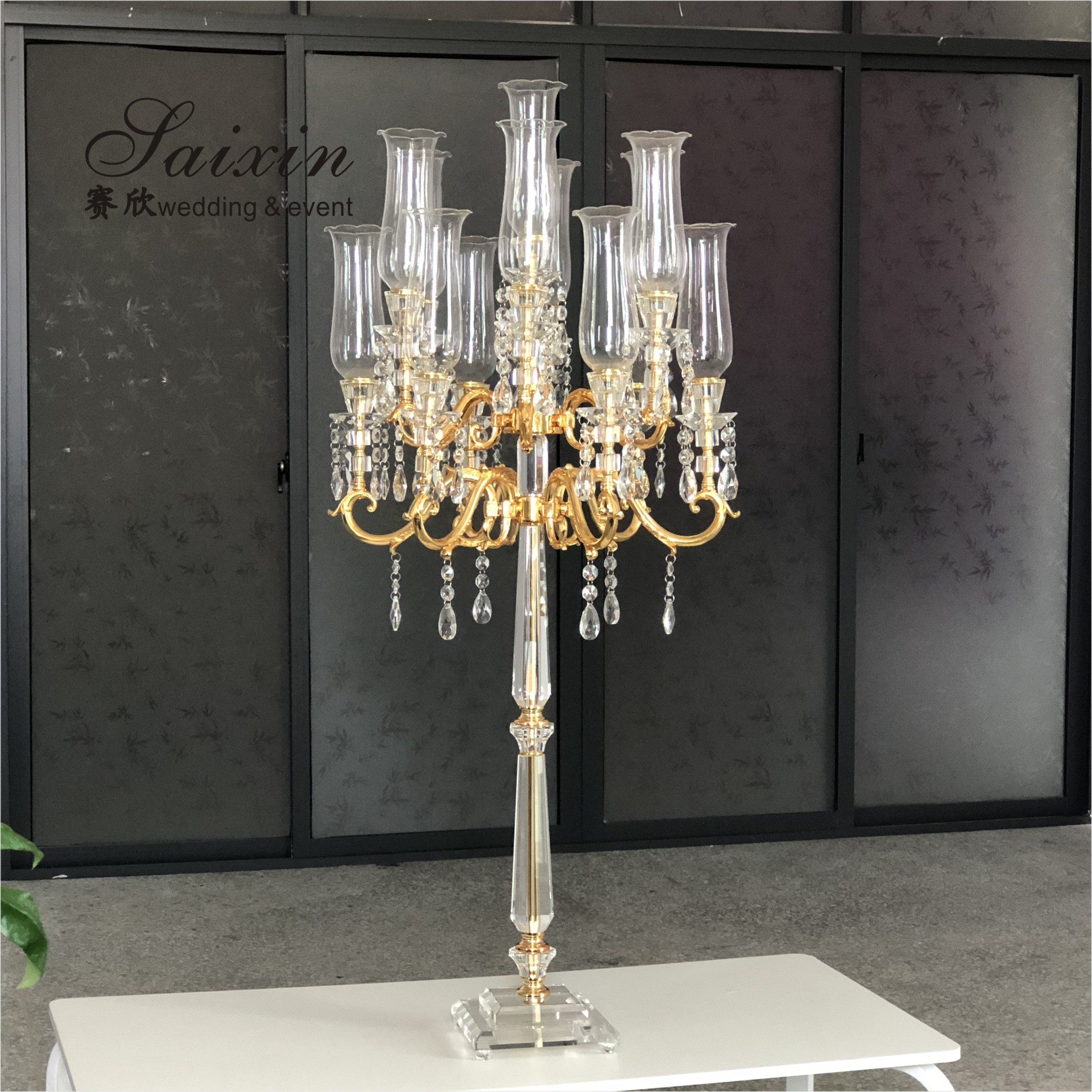 ZT-325G Latest Design Gold Crystal Candelabra Wedding Table Decoration Centerpiece For 15 Arms