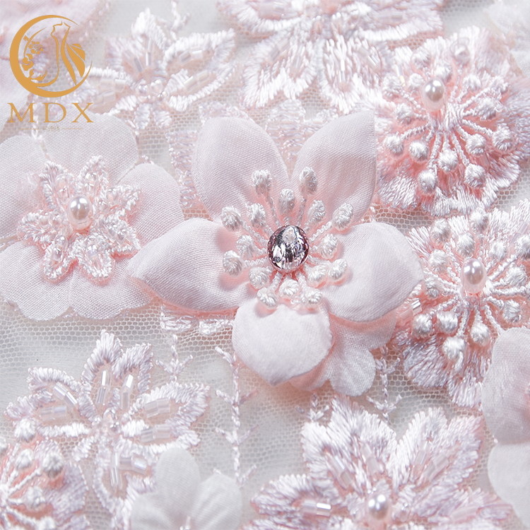 Excellent 3D Flower Lace Customized Embroidery 1 Yard Length Pink Floral Lace Fabric