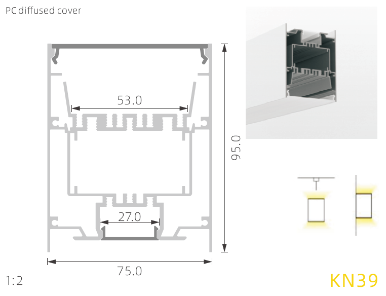 Dimension 75*95mm LED Profile Channel For Up And Down Lighting