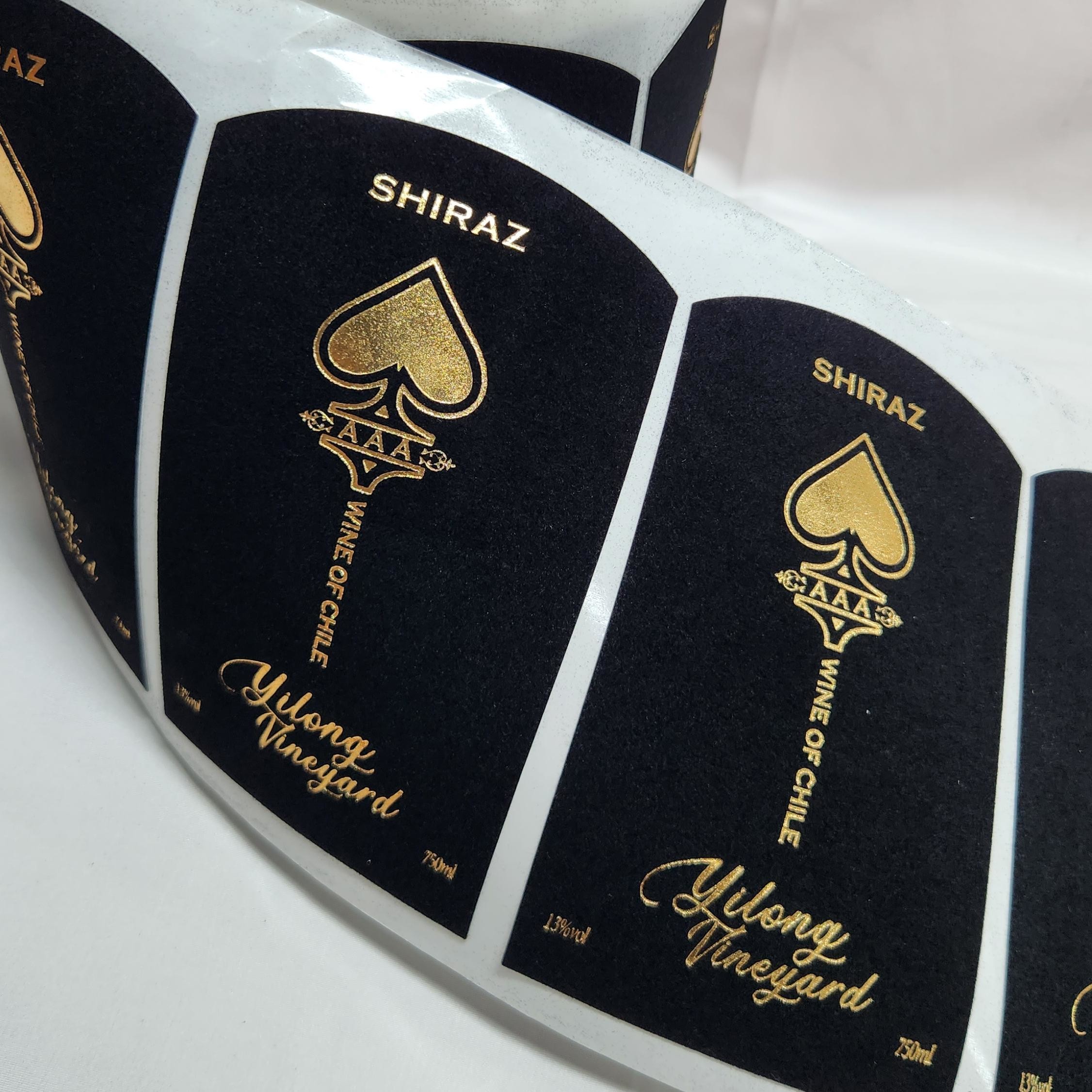 Custom Sticker Velvet Printing Textured Raised Spot UV Copper Gold Foil 3D Embossed Red Wine Sticker Label for Bottles