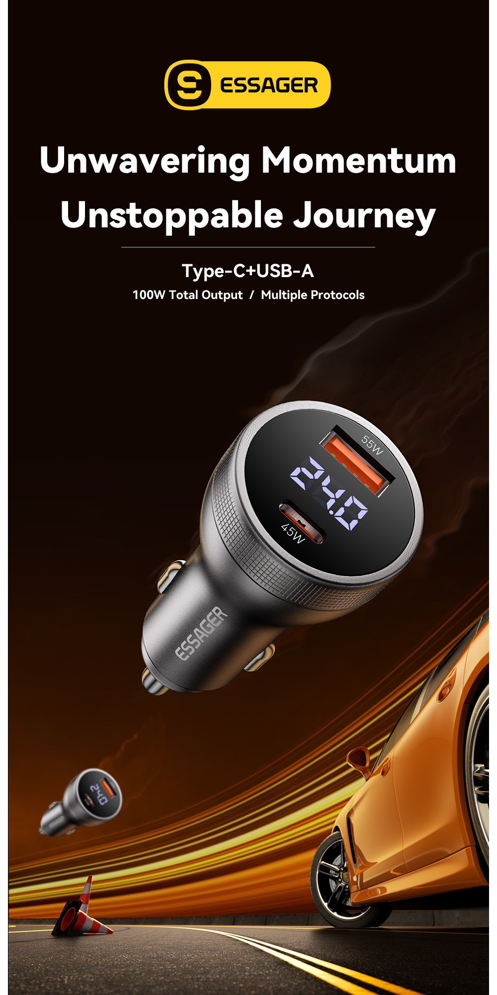 ESSAGER ES-CC17 Series 100W USB-C Car Charger USB Car Port